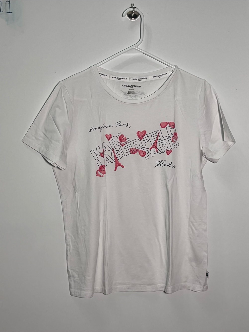 Karl Lagerfeld White Tee with Pink Heart Graphic